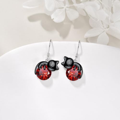 Black Cat Earrings 925 Sterling Silver Cats Dangle Drop Earrings Birthstone/Moonstone Kitten Jewelry Gift for Women3