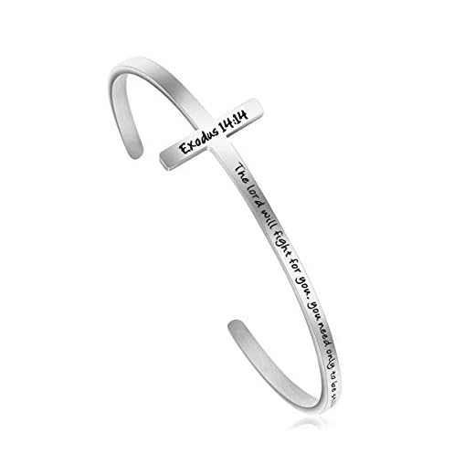 Cross Bracelet Religious Cuff Bangle Bible Verse Christian Gifts Jewelry for Women (The lord will fight for you, you need only to be still -Exodus 14:14)