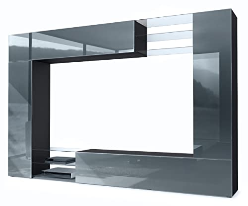 Vladon Wohnwand Mirage, Made in Germany, Anbauwand mit Rückwand mit 2 Türen, 2 Klappen und 6 offenen Glasablagen, Schwarz matt/Grau Hochglanz (262 x 183 x 39 cm)