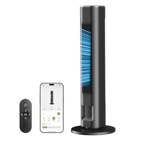 FLANUR Ventilator 25dB Turmventilator Leise mit Kühlung 91cm WiFi Alexa Tower Fan mit Fernbedienung 90 oszillierender Standventilator 4 Geschwindigkeiten 12Std Timer Schwarz 1 Pack + 4 Modi