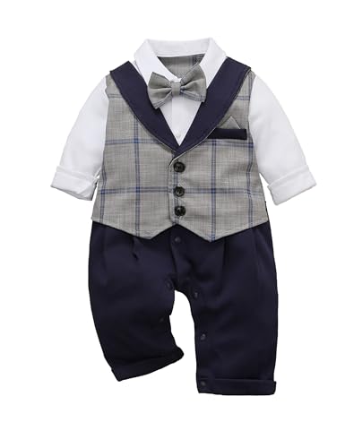 Image of HeMarIsle HMD Baby Boy Long Sleeve Gentleman White Shirt Waistcoat Bowtie Tuxedo Onesie Jumpsuit Overall Romper