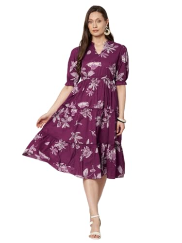 Image of PIDAVLIYA'S Women's Floral Summer Maxi Dress I Cotton Printed I One Piece Bodycon Midi Dress with V-Neck, Puffed Sleeves