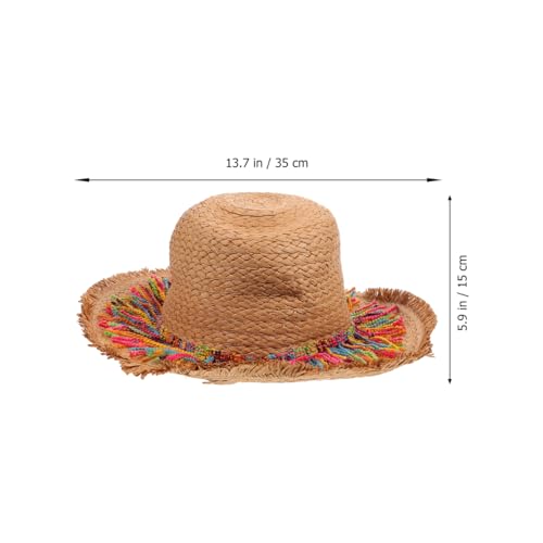 Sombrero grande de paja caqui con borlas coloridas para mujer miniatura 3