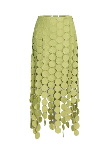 Womens Cut Out Skirt High Waist Patchwork Tassel Irregular Hem Solid Midi Skirts