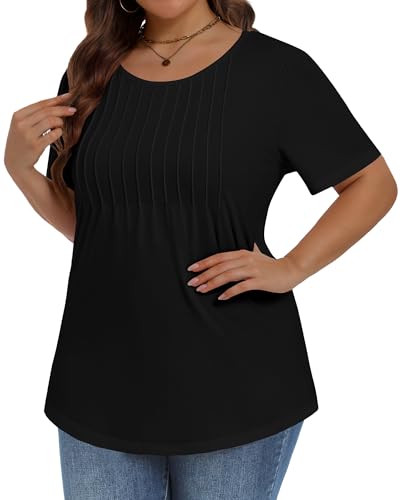 Image of Plus Size Tops for Women Pleated Summer Top Trendy Short Sleeve Shirts Casual Basic Tee Crew Neck Blouses 2026