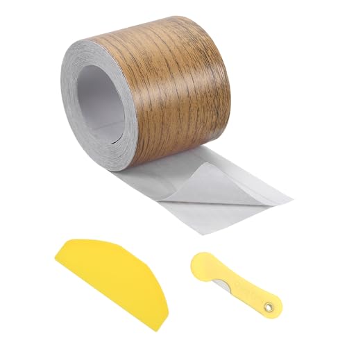 Image of uxcell 1 Roll Wood Grain Tape, 1.97 inch x33 Ft Realistic Textured Repair Tape Self Adhesive Wood Textured Patch with Tool for Floor Wall Door Table Cabinets Furniture Home Decor(Coffee Color)