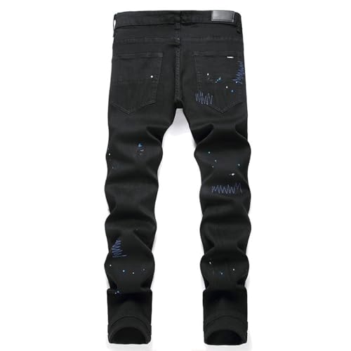 Men's Black Ripped Jeans Basic Plain Straight Men's Jeans, Embroidery Ripped Patchtrendy Stretch Slim Fit Pants,302