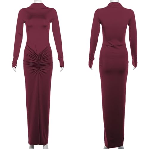 Image of Women's Sexy Turtleneck Long Sleeve Maxi Dress Elegant Ruched Bodycon Long Dress Casual Party Dresses