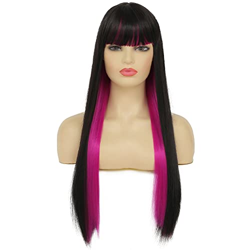 Image of Swiking Black Mix Rose Red Long Straight Wig with Bangs Silky Synthetic Replacement Hair Wig Heat Resisting Two Color Daily Party Cosplay Wigs
