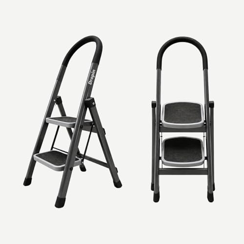 Image of Dropin Premium Steel 2 Step Foldable Ladder for Home Use with Built-in Tool Tray, Climb Easy Anti-Slip Wide Rubber Secure Lock 150Kg Capacity, Heavy Duty D Shape Rods - 20 x 30 cm Large Platform