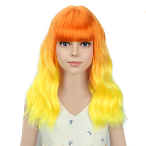 Image of PATTNIUM Grils Orange Ombre Wig with Bangs Kids Short Wavy Curly Wig Orange Bob Wigs Synthetic Halloween Costume Cosplay Party Wigs
