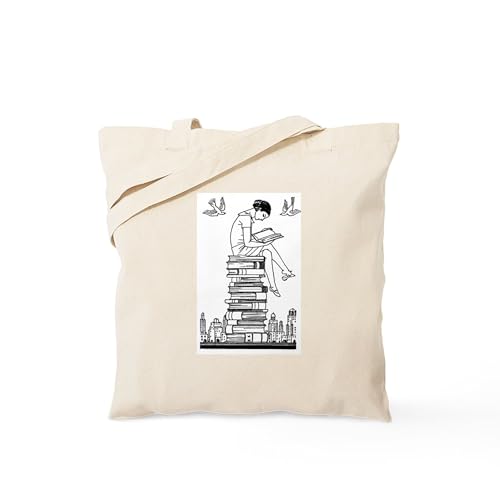 CafePress Reading Girl Atop Books Tote Bag Reusable Natural Beige Canvas Shopping Bag