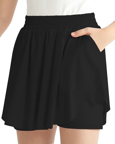 Image of Hovershoes Girls Flowy Shorts Kids Athletic 2 in 1 Running Active Skirt PE Gym Dance Sports Shorts Teens Girls Summer Short High Waisted Casual Beach Pants with Pockets Black