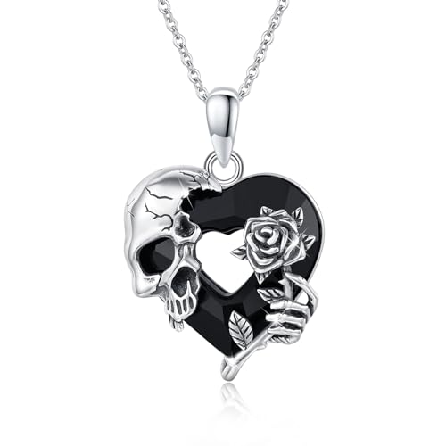 Image of S925 Sterling Silver Skull Pendant Necklace Heart Crystal Birthstone Skull Necklace Gothic Jewlery Gifts