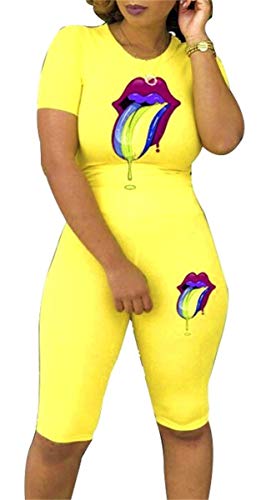 2 Pieces Casual Sportwear Tracksuit for Women Short Sleeve Lips Printed Crop Tops+Skinny