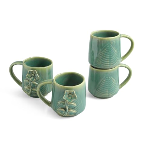 Image of ExclusiveLane 'Sage Serenity' Hand-Embossed Ceramic Coffee Mug Ceramic Mugs for Milk Chai Tea Cup (Set of 4, 330 ML, Microwave Safe)