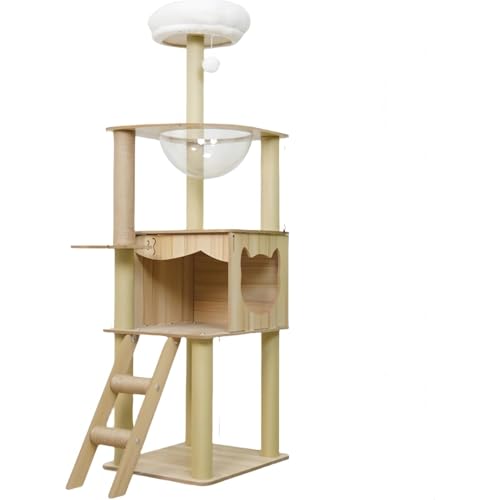 キャットタワー 大型猫用 木製 透明のスペースカプセル 猫タワー 多頭飼い 据え置き 見晴台 春夏秋冬 天然サイザル麻 爪とぎポール 人気 ねこハウス 頑丈 安定感 猫の家 運動不足解消 省スペース (11)