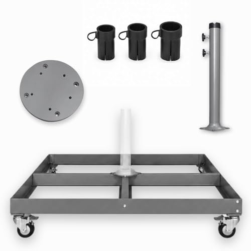 RS Trade Universal Sonnenschirmständer mit Rollen aus pulverbeschichtetem Stahl inkl. Schirmrohr mit Adaptern 32/34/36 mm und 5-Loch-Aufnahme für Ampelschirme Mittelstockschirme & Marktschirme