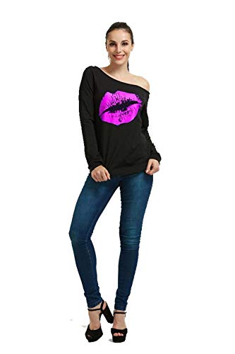 Image of MAGICMK Woman's Sweatershirt Lips Print Causal Blouse Off The Shoulder Long Sleeve Loose Slouchy Pullover Plus Size Tops