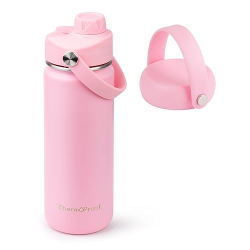 Image of ThermoProof Insulated Water Bottle - Stainless Steel, Wide Mouth, Flip & Spout Lids, Leakproof, Dishwasher Safe, Reusable - Keeps Drinks Hot or Cold - for Adults & Kids - 18oz, Pink