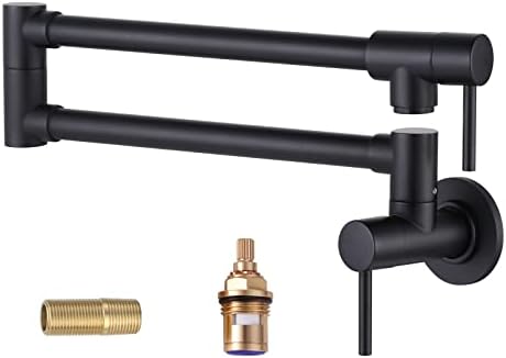 Aleasha Brass Made Wall Mount Folding Kitchen Pot Filler, Retractable Single Hole Modern Matte Black Pot Filler with Two Handles,Stretchable Industrial Matte Black Pot Filler for Sink Stove
