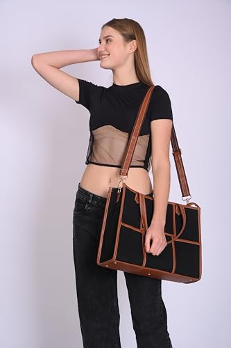 Image of Womanix Canvas Laptop Bag, 14 inch Laptop Bag, Work Shoulder Bag, Casual Briefcase, Handbag for Travel, Office, College With Long Adjustable Strap