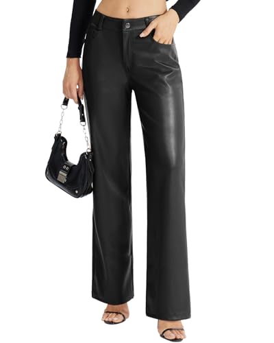 Women's Faux Leather Pants Button PU Jeans Straight Wide Leg Trou...