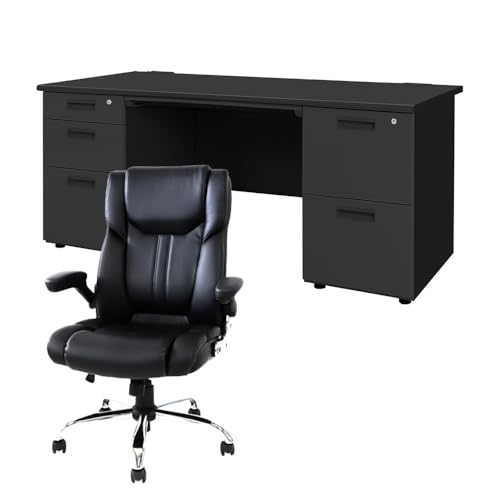 【法人専用】 LOOKIT エグゼクティブデスク チェア セット 幅1600mm 両袖 2段×3段 オフィスデスク オフィスチェア 天板:ブラック LRD-167BK-S15