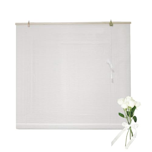 Zhixubah Natürliche Rollo Bambus 80 90 120 150cm Breit Weiß Bambusrollo Rollläden Sichtschutz Rollo für Innen Fenster Bambus Rollo Jalousine Balkon Dekoration Sonnenschutz Vorhang Mit Lifter