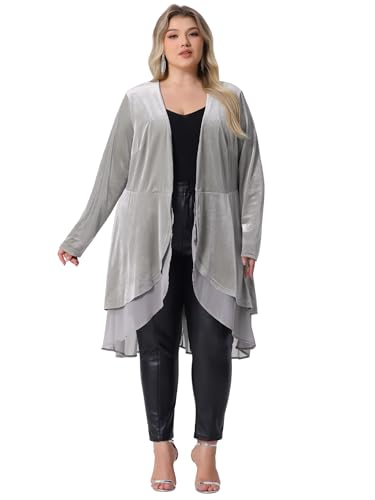 Image of Agnes Orinda Women Plus Size Ruffled Asymmetric Long Velvet Cardigan Jacket | Chiffon Ruffle Splicing Open Front Long Sleeve Irregular Hem Casual Jackets