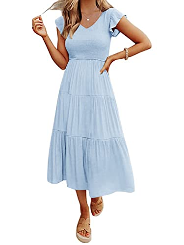 MEROKEETY Women's Flutter Sleeve Smocked Midi Dress V Neck Casual Tiered Dresses with Pockets,LightBlue,XL