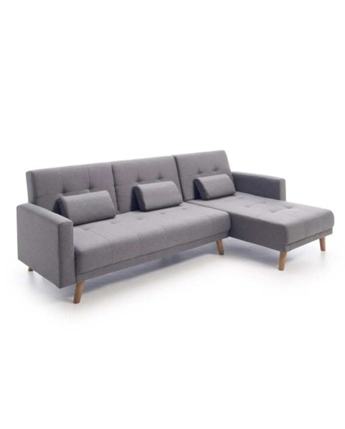 SWEET SOFA® Sofá Chaise Longue Abu – Convertible en Cama, Chaise Longue Reversible, Sofá Nordico de Pata Alta Respaldo capitoné, Ideal Salón e Cama de Invitados hasta 4 plazas (Gris)