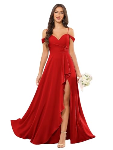 Women's Off The Shoulder Bridesmaid Dresses Long Ruffle Chiffon Formal Wedding Guest Gown with Slit