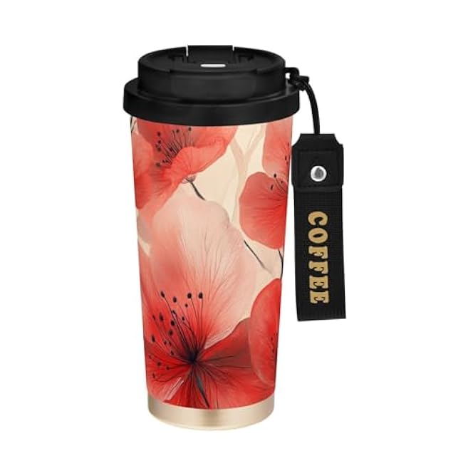 17 oz Insulated Coffee Mug Red Florals Watercolor with Straw and Leak Proof Lid Double Wall Water Bottle Stainless Steel Vacuum Thermal Travel Drinking Cup for Hot/Cold Drink