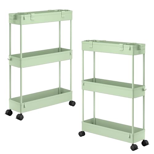 Image of SPACELEAD 2-piece Set Slim Storage Cart 3 Tier,Bathroom Organizer Rolling Utility,Mobile Shelving Unit Slide Out for Office, Kitchen, Laundry Room & Narrow Places