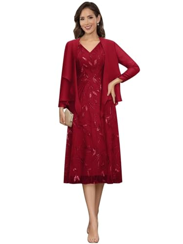 Image of 2 Pieces Mother of Bride Dresses with Jackets - Sequin Lace Chiffon A-Line Tea Length Formal Evening Dresses for Women