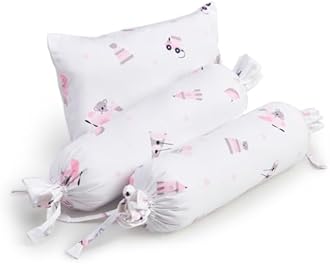The White Cradle Cot Pillow + 2 Bolsters Set with Fillers - Organic Cotton Fabric, Softest Fiber Filling, Protective Comfort - Pink Koala ABC