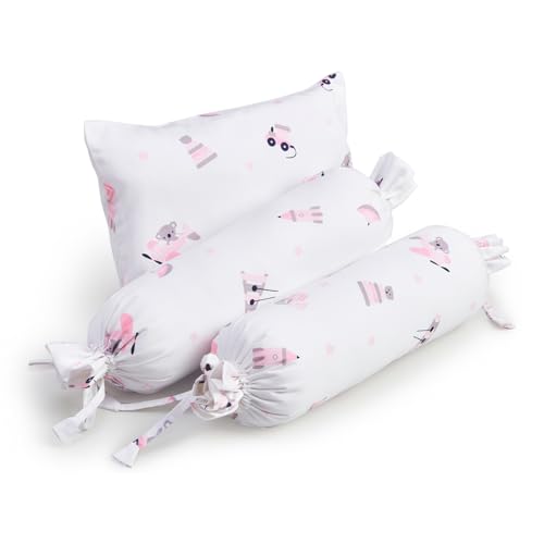 The White Cradle Cot Pillow + 2 Bolsters Set with Fillers - Organic Cotton Fabric, Softest Fiber Filling, Protective Comfort - Pink Koala ABC