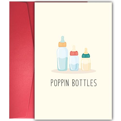 Image of Funny Baby Shower Card - 'POPPIN BOTTLES' Cute Newborn Gift Card for New Parents, Gender Neutral Baby Announcement