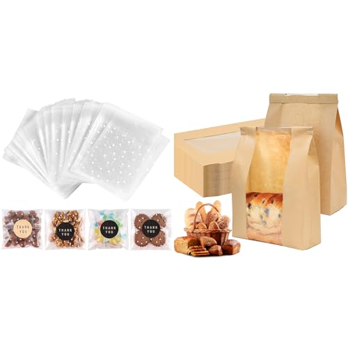 Bundle of 100PACK Self Sealing Cellophane Bags and 150 Pack Sourdough Bread Bags for Toast Sandwich Cookie Snacks Packaging Storage