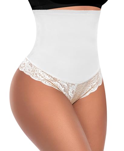 Image of Werena Tummy Control Thong Shapewear for Women Mid High Waisted Body Shaper Underwear Lace Shaping Thong Girdle Panties