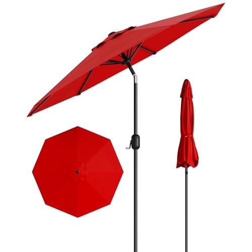GarveeLife 9 ft Patio Umbrella, Outdoor Table Market Umbrella with Push Button Tilt and Crank, 8 Sturdy Ribs UV Protection Waterproof for Garden, Deck, Backyard, Pool (Red) Red 9FT