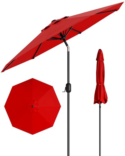 10FT Outdoor Patio Umbrella,Table Market Umbrella with Push Button Tilt and Crank, 8 Sturdy Ribs UV Protection Waterproof for Garden, Deck, Backyard, Pool (Red)