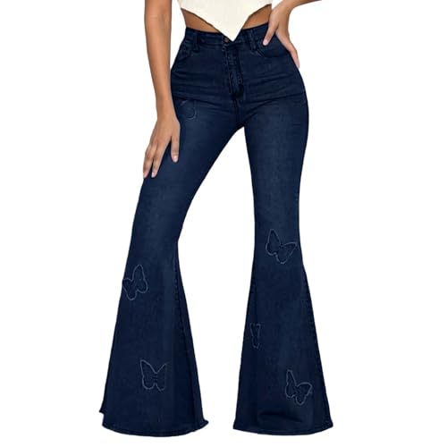 Bell Bottom Jeans for Women Butterfly Embroidered Graphic Elastic High Waisted Jean Raw Hem Denim Pants with Pockets