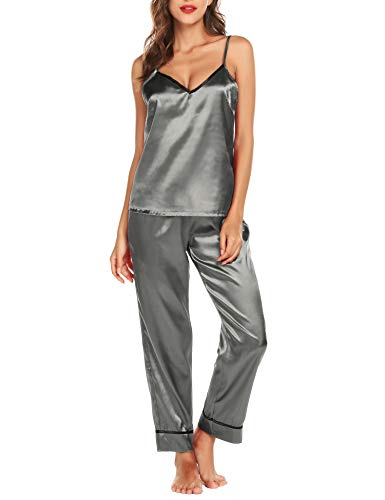 Silk Satin Pajamas Sleepwear Set Cami Pj Set Soft Nightwear Lingerie (Grey, M)