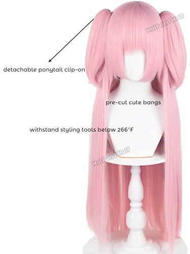 Image of Mado-ka Cosplay Wig 37.4'' Long Pink Anime Ponytail Wig with Bangs | Dark Pink Twin Tails Pigtails Wigs for Women Halloween Party Costumes
