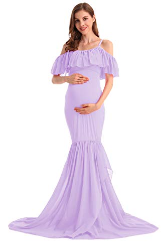 Hihcbf Women Mermaid Chiffon Maternity Gown Off Shoulder Ruffle Spaghetti Straps Photo Shoot Wedding Baby Shower Dress Lilac S #TOP1
