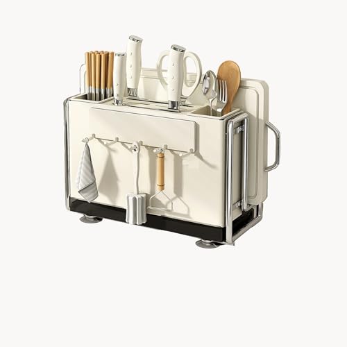 ccgskninatta まな板スタンド 包丁立て フック５個付き ピーラーやブラシや雑巾などの小物収納に対応 お箸立て２つ付き 水切りトレイも付き 省スペース まな板立て cc231217-2