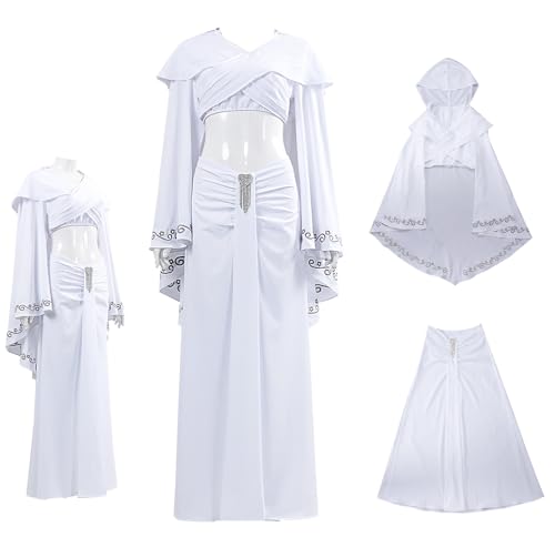 Noknawio Queen Padme Cosplay White Skirt Tops Outfits Women Padme Amidala Costume Hooded Cape Dress for Halloween Carnival (White, Small)