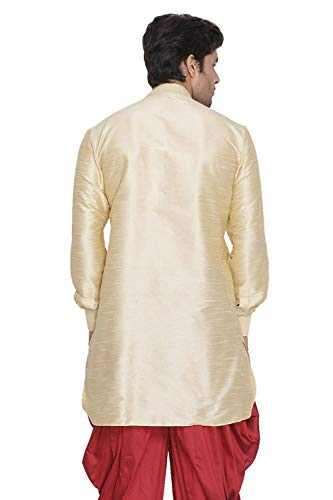 Image of Vastramay Men's Gold Curved Shape Pathani Style Silk Cotton Kurta - Mid-Length with Buttoned Cuff, Soft & Comfortable Ethnic Wear
